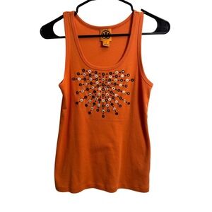 Tory Burch Womens Medium Orange Cotton Mirror Eyelet Embellished Tank Top
